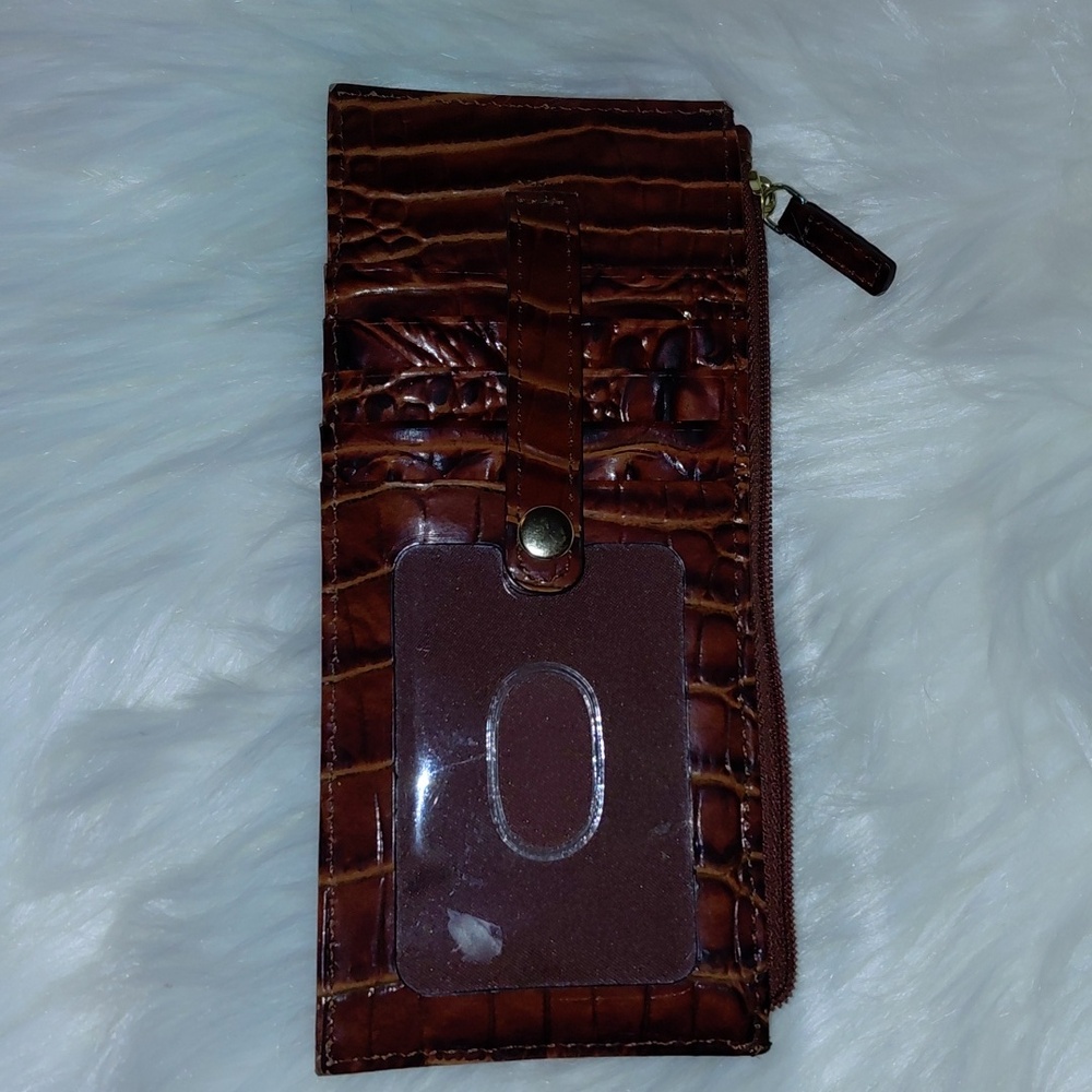 EUC Brahmin Pecan Skylar Slim Credit Card Case Snap Strap, Croc Embossed Leather